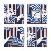 Normal scale // Zebra exotic stripes // navy blue background coral rose metal lines blue zebras, white tropical leaves