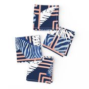 Normal scale // Zebra exotic stripes // navy blue background coral rose metal lines blue zebras, white tropical leaves