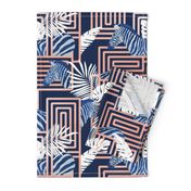 Normal scale // Zebra exotic stripes // navy blue background coral rose metal lines blue zebras, white tropical leaves