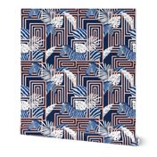 Normal scale // Zebra exotic stripes // navy blue background coral rose metal lines blue zebras, white tropical leaves