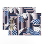 Normal scale // Zebra exotic stripes // navy blue background coral rose metal lines blue zebras, white tropical leaves