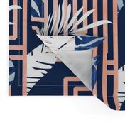 Normal scale // Zebra exotic stripes // navy blue background coral rose metal lines blue zebras, white tropical leaves