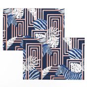 Normal scale // Zebra exotic stripes // navy blue background coral rose metal lines blue zebras, white tropical leaves