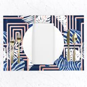 Normal scale // Zebra exotic stripes // navy blue background coral rose metal lines blue zebras, white tropical leaves