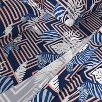 Normal scale // Zebra exotic stripes // navy blue background coral rose metal lines blue zebras, white tropical leaves