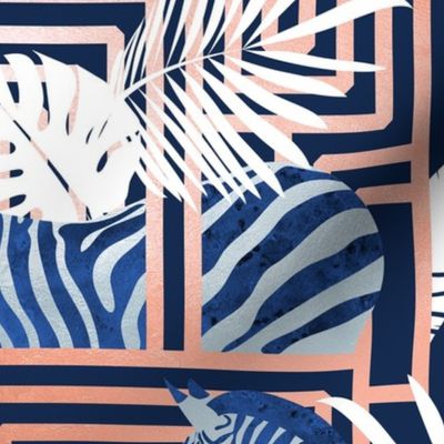 Normal scale // Zebra exotic stripes // navy blue background coral rose metal lines blue zebras, white tropical leaves