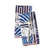 Normal scale // Zebra exotic stripes // navy blue background coral rose metal lines blue zebras, white tropical leaves