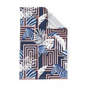 Normal scale // Zebra exotic stripes // navy blue background coral rose metal lines blue zebras, white tropical leaves