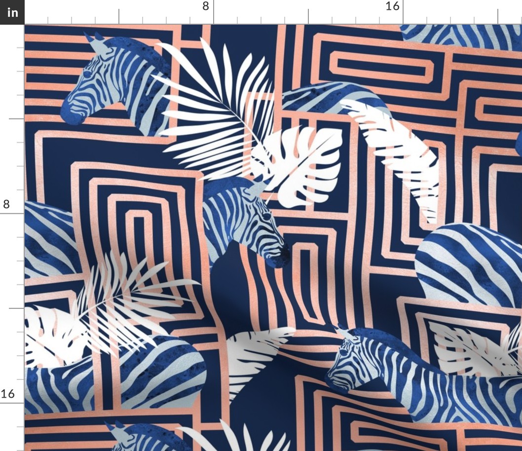 Normal scale // Zebra exotic stripes // navy blue background coral rose metal lines blue zebras, white tropical leaves