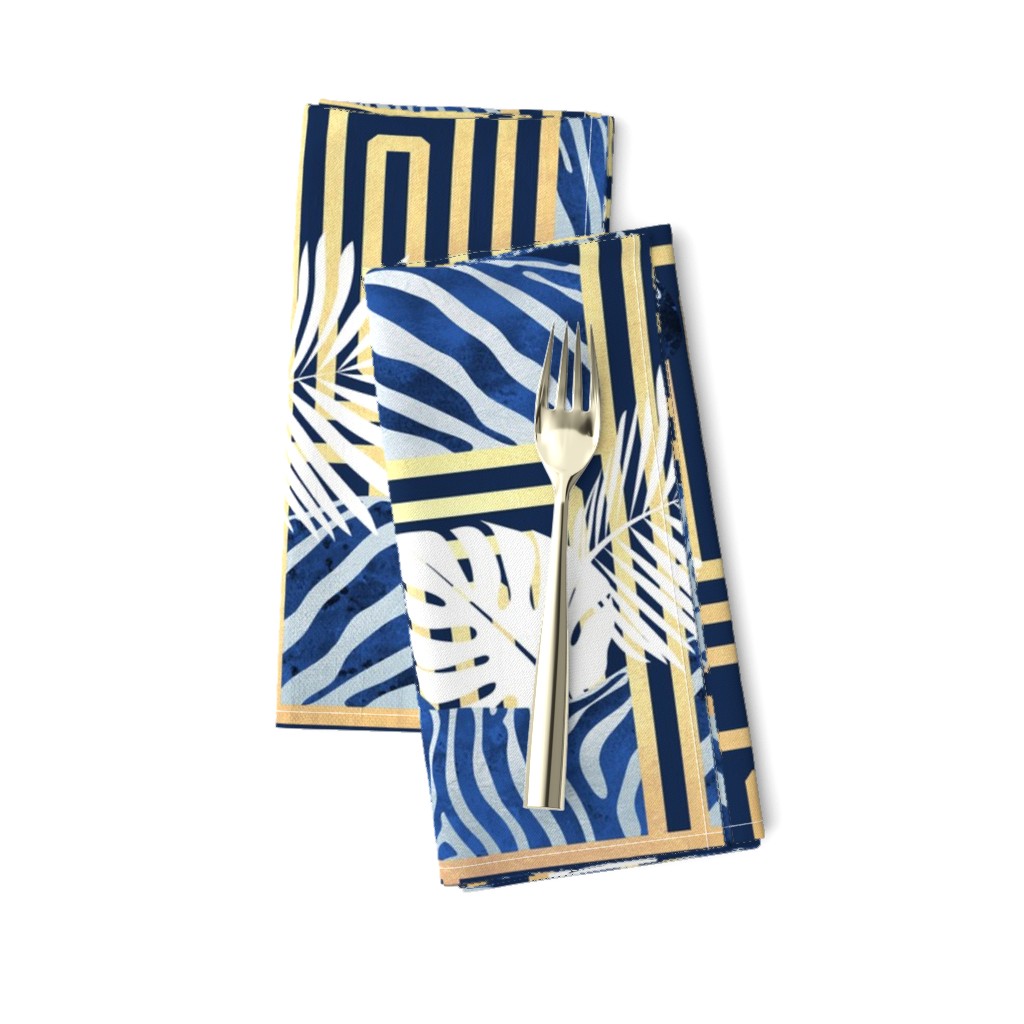 Normal scale // Zebra exotic stripes // navy blue background golden lines blue zebras, white tropical leaves