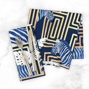 Normal scale // Zebra exotic stripes // navy blue background golden lines blue zebras, white tropical leaves