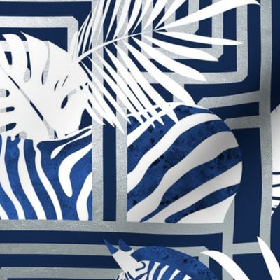 Normal scale // Zebra exotic stripes // navy blue background silver lines blue zebras, white tropical leaves