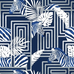 Normal scale // Zebra exotic stripes // navy blue background silver lines blue zebras, white tropical leaves