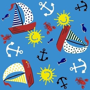 Sunny Sails / Nautical colors - Blue,yellow,red,green,white & red  med.