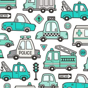 Mint Green Cars Vehicles Doodle fabric on White