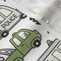 Green Cars Vehicles Doodle fabric on White
