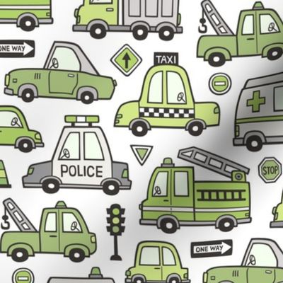 Green Cars Vehicles Doodle fabric on White