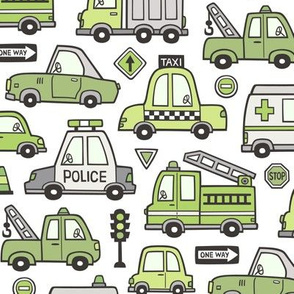 Green Cars Vehicles Doodle fabric on White