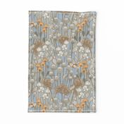 large - poppy field with birds in neutral colors - colder tones - large scale 19" in fabric -24" in wallpaper 