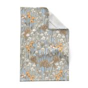 large - poppy field with birds in neutral colors - colder tones - large scale 19" in fabric -24" in wallpaper 