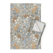 large - poppy field with birds in neutral colors - colder tones - large scale 19" in fabric -24" in wallpaper 