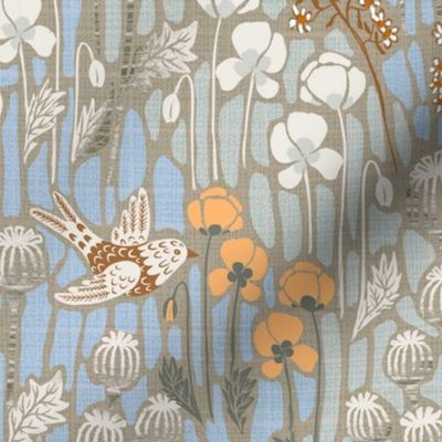 large - poppy field with birds in neutral colors - colder tones - large scale 19" in fabric -24" in wallpaper 