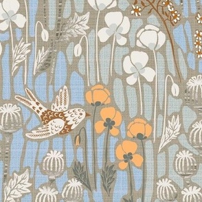 large - poppy field with birds in neutral colors - colder tones - large scale 19" in fabric -24" in wallpaper 