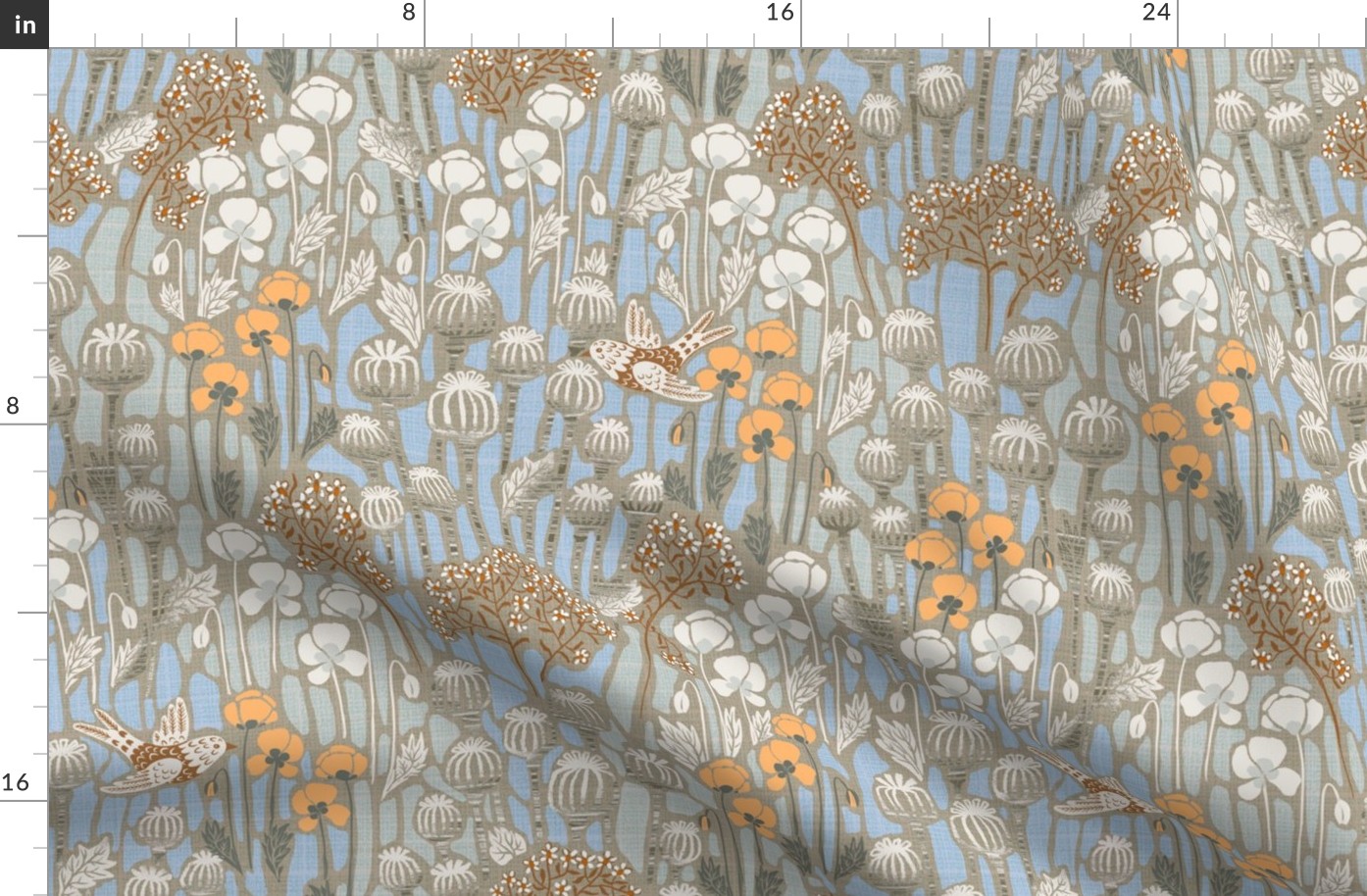 large - poppy field with birds in neutral colors - colder tones - large scale 19" in fabric -24" in wallpaper 