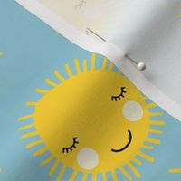 Sweet sunny kawaii sky smiling sleepy sun in yellow and blue