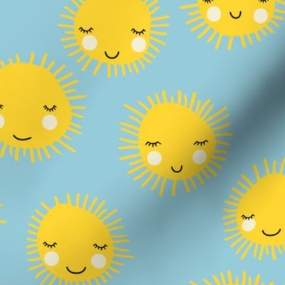 Sweet sunny kawaii sky smiling sleepy sun in yellow and blue