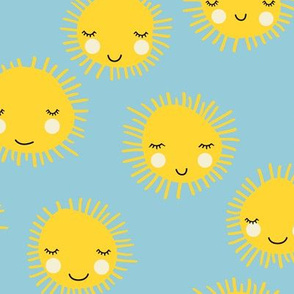 Sweet sunny kawaii sky smiling sleepy sun in yellow and blue