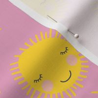 Sweet sunny kawaii sky smiling sleepy sun in pink and yellow