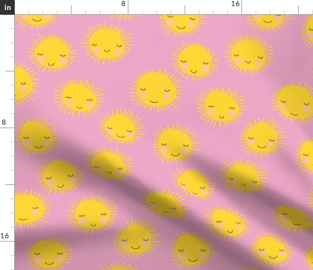 Sweet sunny kawaii sky smiling sleepy sun in pink and yellow