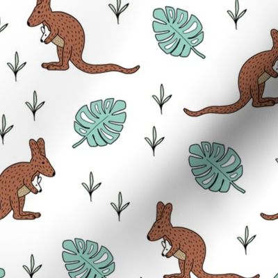 Australian animals little kangaroo mom and baby jungle summer leaves mint gender neutral