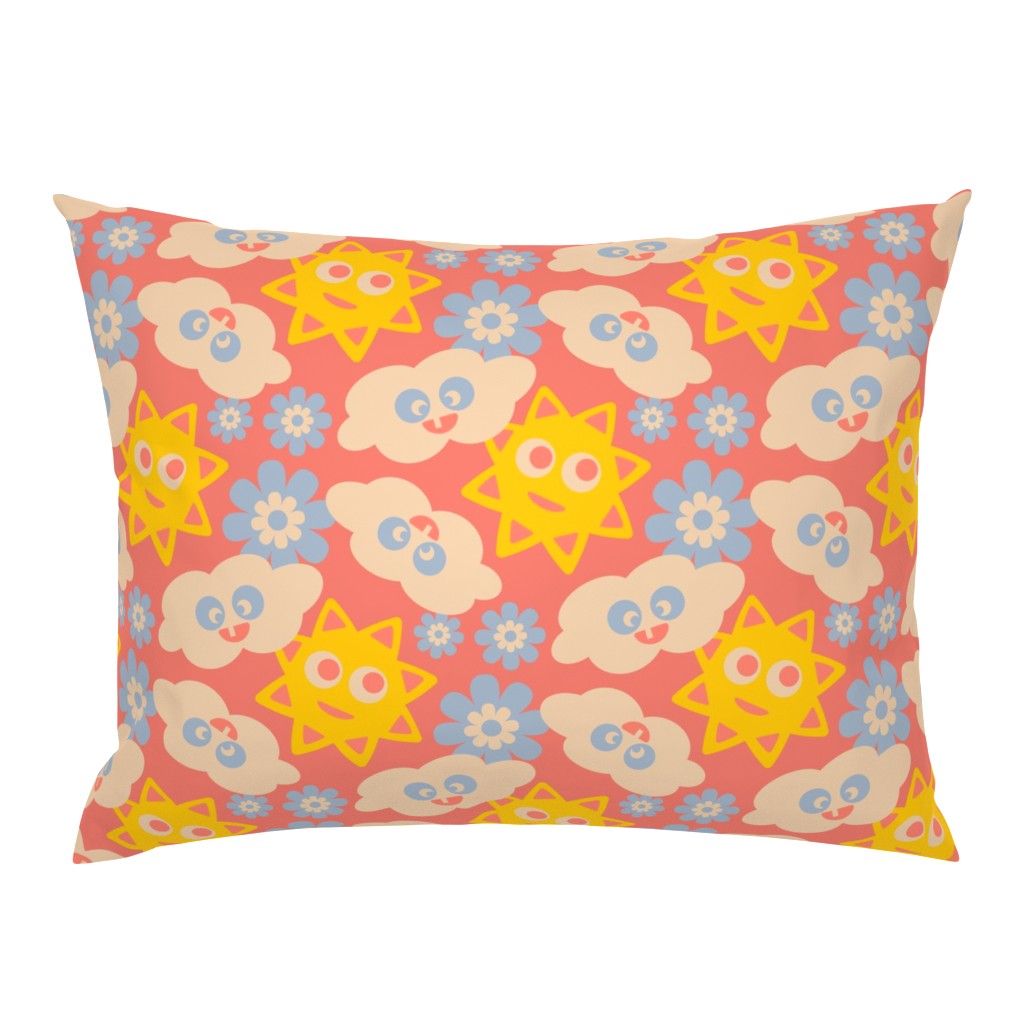 Sunny With Cloudy Periods Cute Kawaii Friendly Clouds Sun Flowers in Yellow Blue White on Red - UnBlink Studio by Jackie Tahara