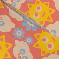 Sunny With Cloudy Periods Cute Kawaii Friendly Clouds Sun Flowers in Yellow Blue White on Red - UnBlink Studio by Jackie Tahara