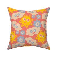 Sunny With Cloudy Periods Cute Kawaii Friendly Clouds Sun Flowers in Yellow Blue White on Red - UnBlink Studio by Jackie Tahara