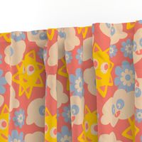 Sunny With Cloudy Periods Cute Kawaii Friendly Clouds Sun Flowers in Yellow Blue White on Red - UnBlink Studio by Jackie Tahara