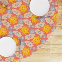 Sunny With Cloudy Periods Cute Kawaii Friendly Clouds Sun Flowers in Yellow Blue White on Red - UnBlink Studio by Jackie Tahara