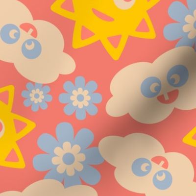 Sunny With Cloudy Periods Cute Kawaii Friendly Clouds Sun Flowers in Yellow Blue White on Red - UnBlink Studio by Jackie Tahara
