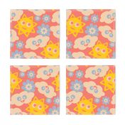 Sunny With Cloudy Periods Cute Kawaii Friendly Clouds Sun Flowers in Yellow Blue White on Red - UnBlink Studio by Jackie Tahara