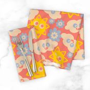 Sunny With Cloudy Periods Cute Kawaii Friendly Clouds Sun Flowers in Yellow Blue White on Red - UnBlink Studio by Jackie Tahara