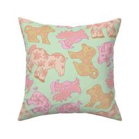 Animal Crackers Cute Farm Animals for Kids Children With Pig Dog Rooster Horse in Pastel Pink Green Brown Beige Neutrals on Mint - UnBlink Studio by Jackie Tahara