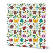 Funny insects Spider butterfly caterpillar dragonfly mantis beetle wasp ladybugs seamless pattern on white background with flowers and leaves. 