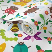 Funny insects Spider butterfly caterpillar dragonfly mantis beetle wasp ladybugs seamless pattern on white background with flowers and leaves. 
