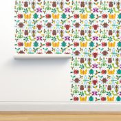 Funny insects Spider butterfly caterpillar dragonfly mantis beetle wasp ladybugs seamless pattern on white background with flowers and leaves. 