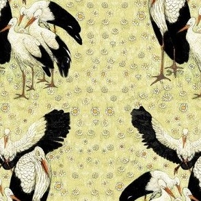 Vintage Storks With Yellow  Daisies 