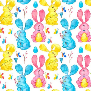 Bunny watercolor colorfull spring seamless background on white