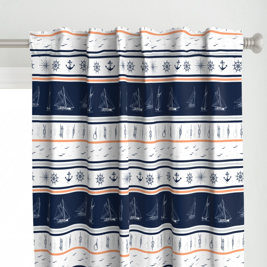 Nautical stripe blanket sailor blanket cheater quilt sailboats, anchors, windroses  Navy blue, grey, coral on white