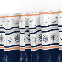 Nautical stripe blanket sailor blanket cheater quilt sailboats, anchors, windroses  Navy blue, grey, coral on white